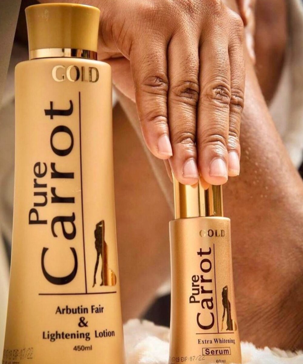 2 pcs Set Of Pure Carrot Gold Arbutin Fair Lightening Lotion + Extra Whitening Serum Plus soap