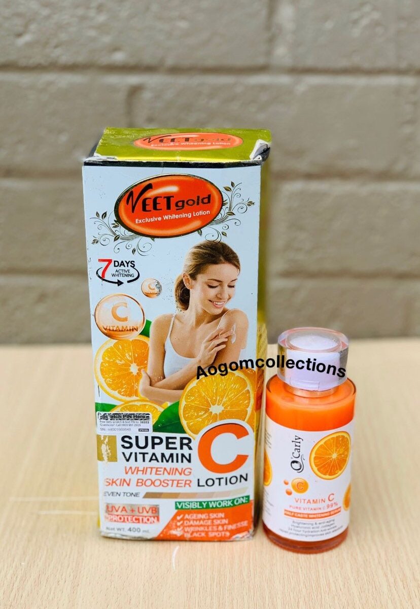 2 PCs Veet gold super vitamin C whitening skin booster lotion.7days active whitening Lotion and serum