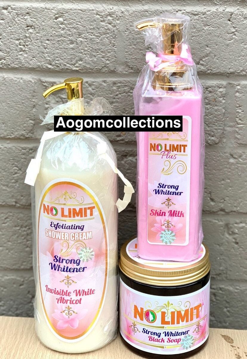 3 NO LIMIT Plus Strong Whitener skin milk exfoliating shower gel +super strong lotion +black soap 7 days Action