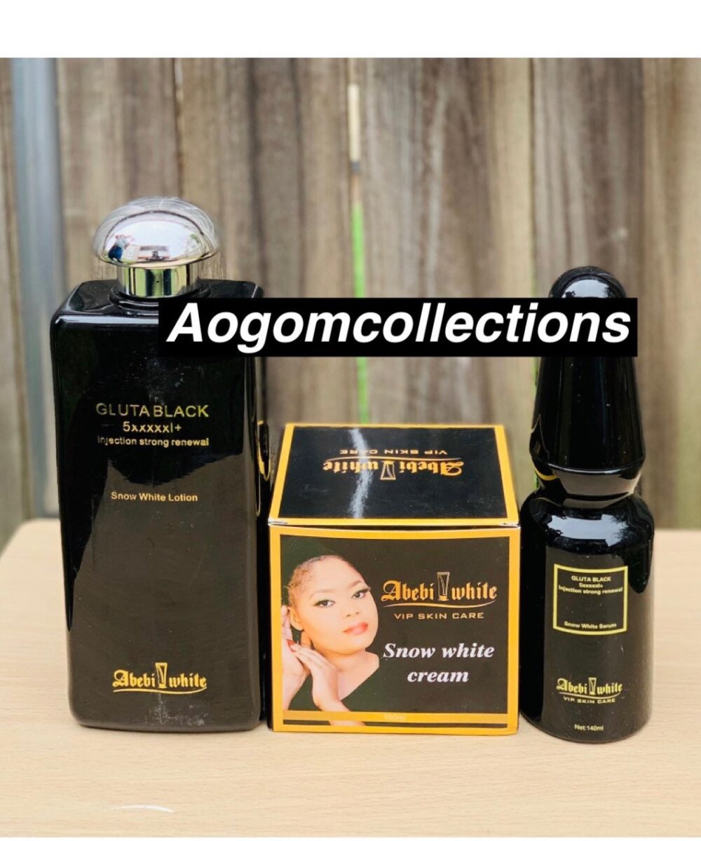 3 PCs Abebi white Gluta Black 5xxxxx + Snow white face and body lotion 500ml With face cream and strong serum