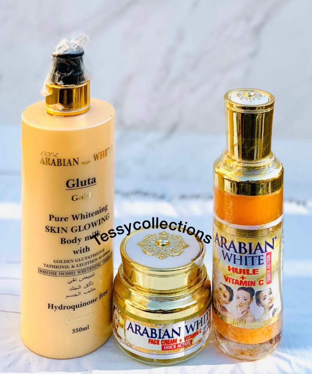 3 PCs Arabian magic white. Gluta gold pure skin whitening and and body lotion 350ml, face cream and serum