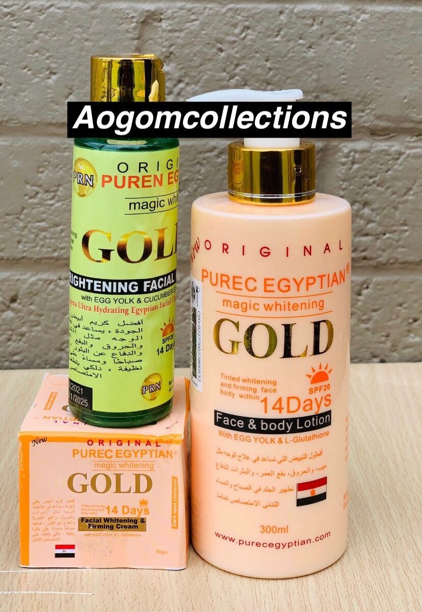 3 PCs of Purec egyptian gold magic whitening face & body lotion, face cream and face cleaner