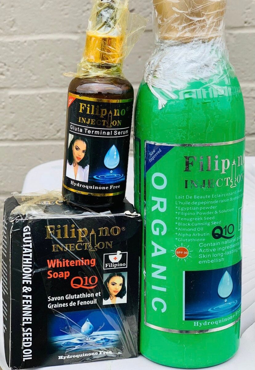 3 pieces Organic Filipino injections whitening body lotion with set. The serum and the soap