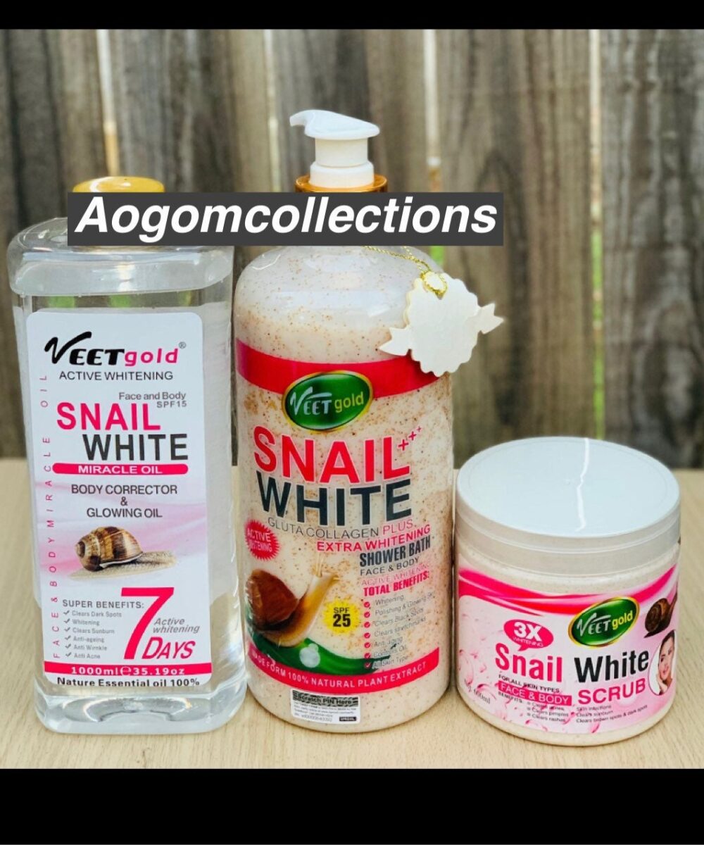 3 pieces Veetgold Snail White Extra Whitening Shower Bath, scrub and super whitening oil with collagen and spf 25