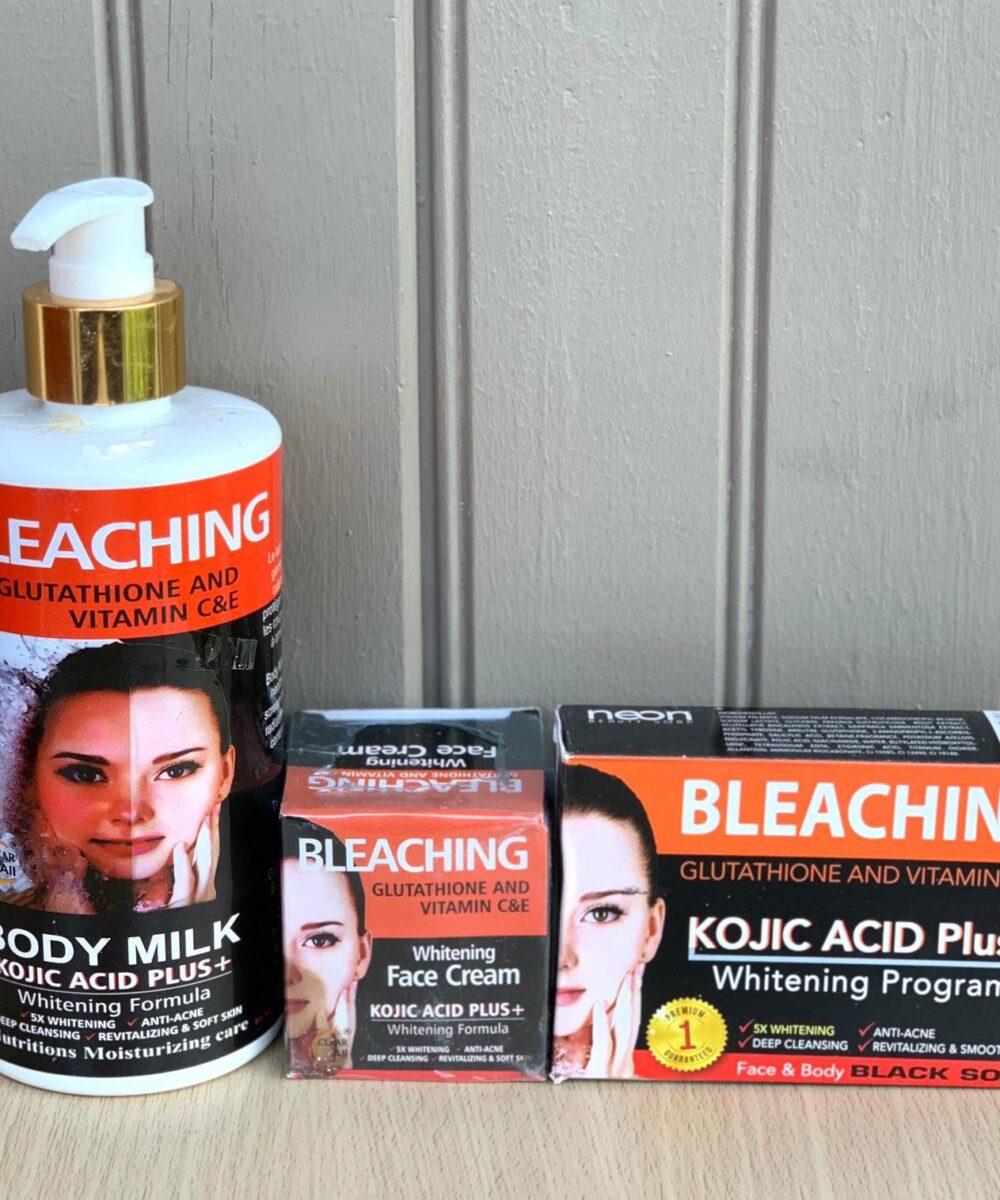 3 set of bleaching glutathione and vitamin C and E kojic acid plus whitening lotion set, lotion, soap and face cream