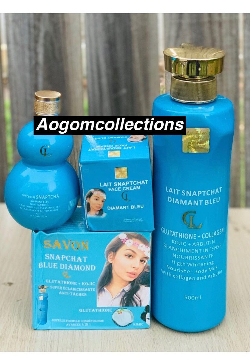 4 in 1 Lait snaptchat whitening Diament Blue set : Lotion 500ml, Serum, + glutathione soap+face cream
