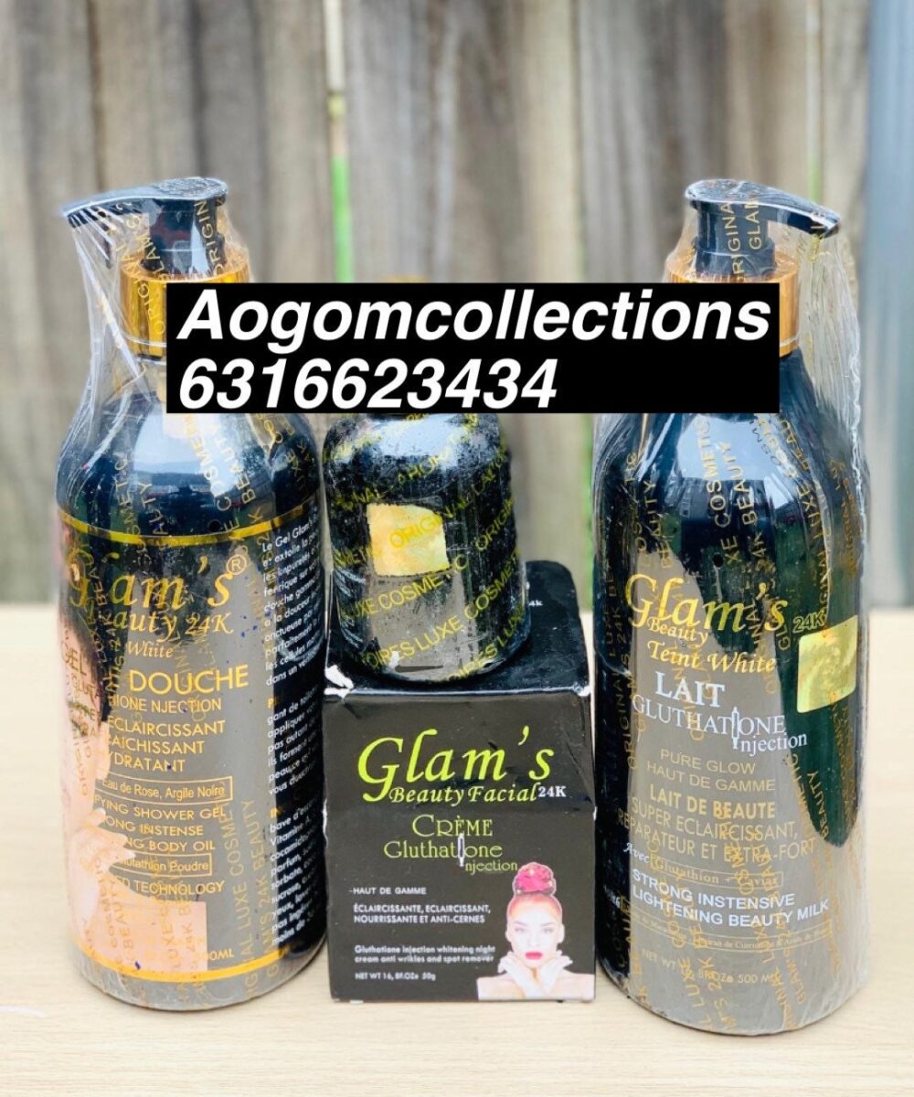4 PCs Full set PCs Glam’s 24k super, luxury, powerful whitening 100% body lotion and shower gel, Serum and face cream