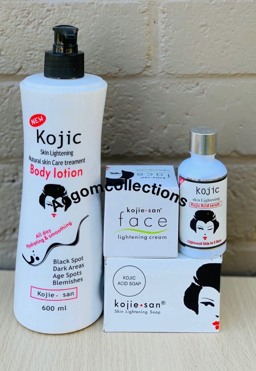 4 PCs Kojie San Kojic Skin Lightening Body Lotion set. The lotion, soap, face cream and serum