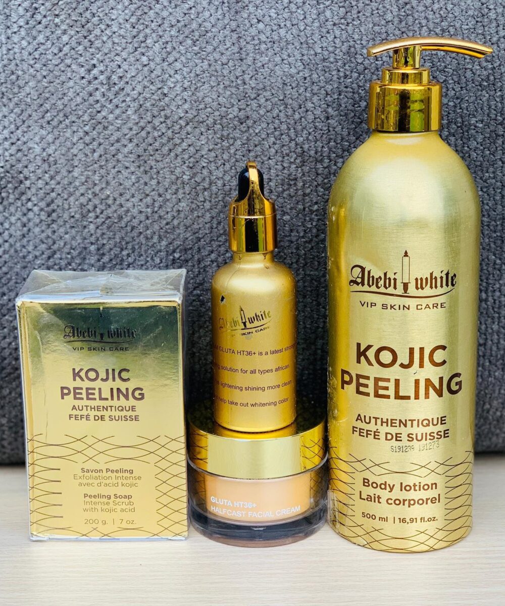 4 pieces Abebi white kojic Peeling strong whitening set, lotion, serum, soap, face cream
