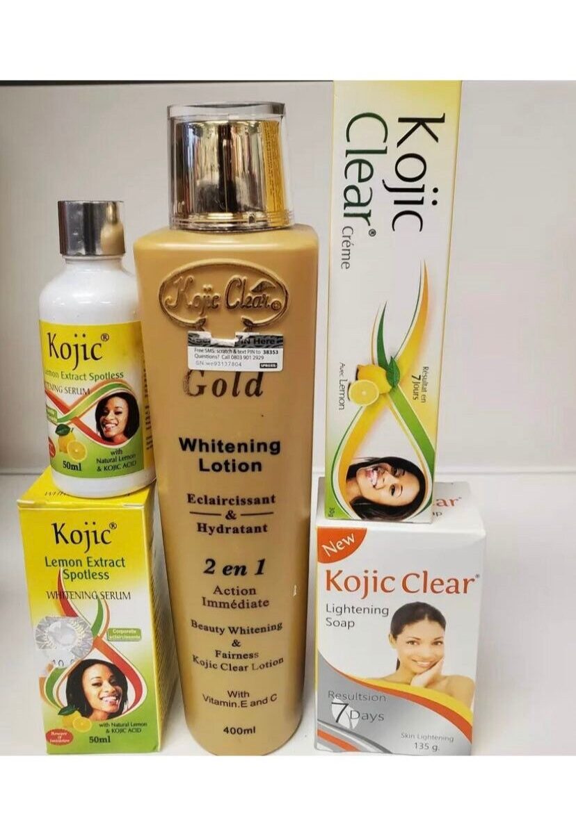 4 pieces kojic clear super whitening set. Lotion, serum, tube, soap