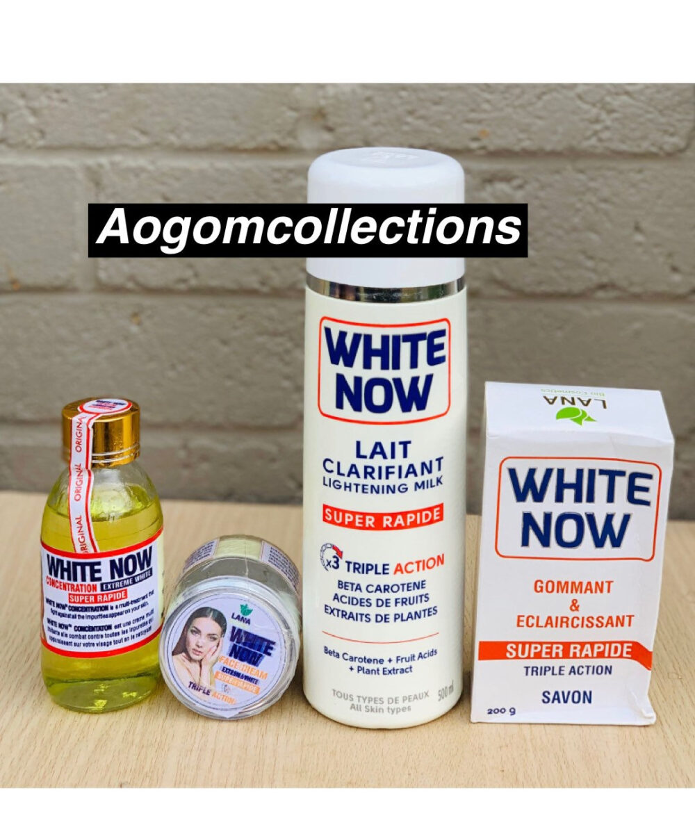 4 White now lait Clarifiant triple action whitening body lotion 500ml, with extreme whitening face cream, extreme halfcaste oil, and soap