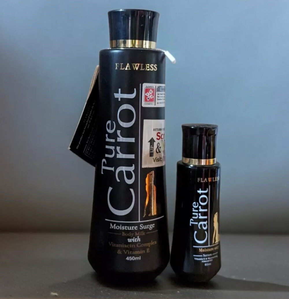 Pure carrot flawless moisture surge lotion and serum with vitamin E.